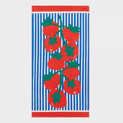 comprar Toalha de praia de impressão de tomate vintage com listras azuis da Marinha e bordas vermelhas - Design clássico de jardim de cozinha para piqueniques e estilo costeiro Fabricação em linha